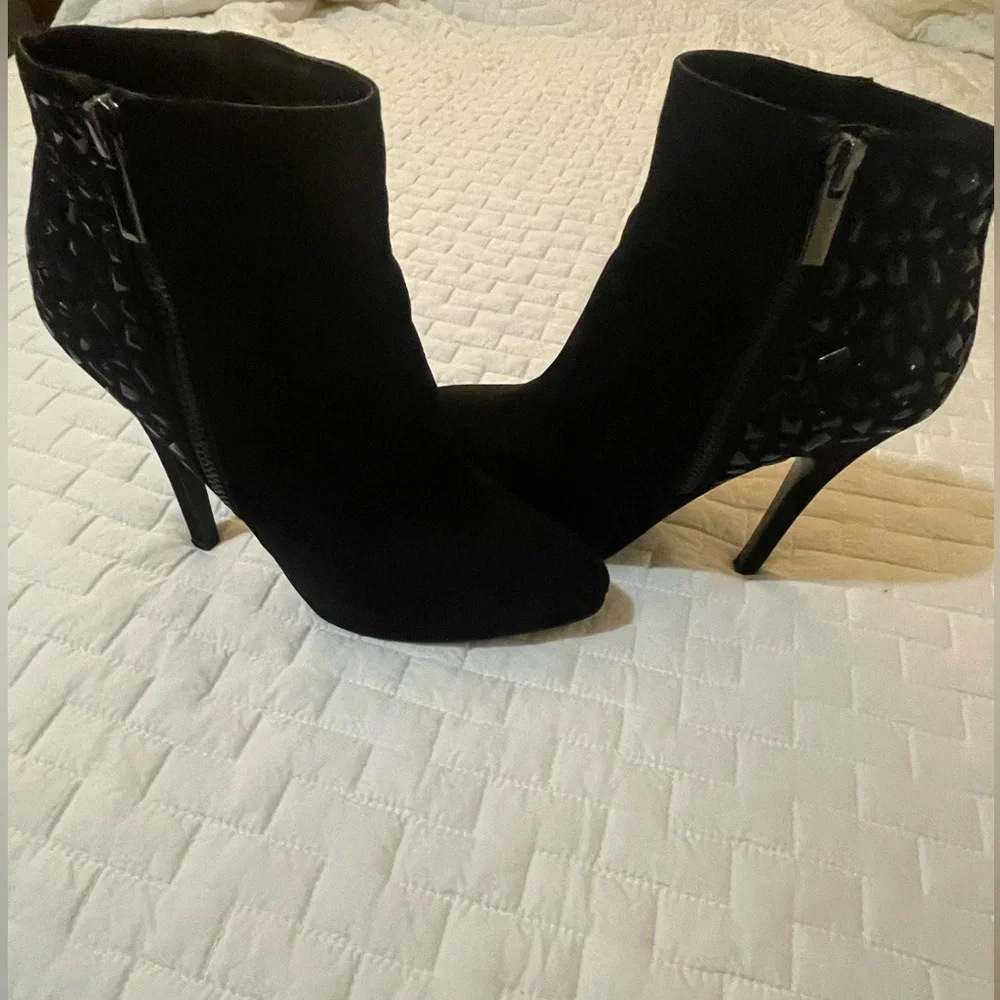 Nina Black Suede Ankle Booties with Embellished Heel